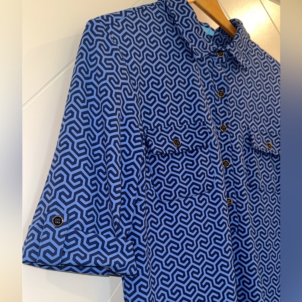J. McLAUGHLIN Lawrence shirt Dress Blue Honeycomb Roll Tab Catalina Cloth Large - Picture 7 of 14